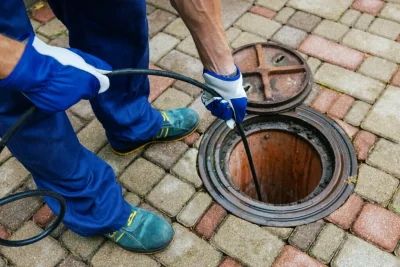 Plumber cleaning an outdoor sewer drain in Burbank