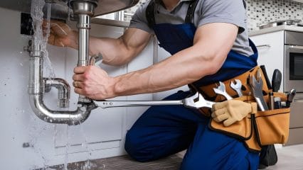 Plumber repairing pipes beneath a sink in Burbank